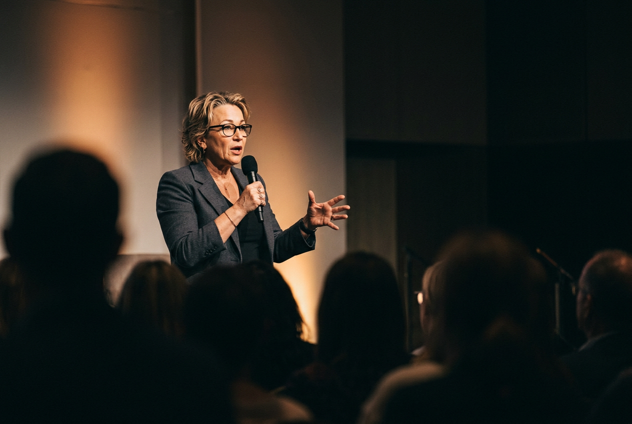Tina Hall speaking on stage to an audience